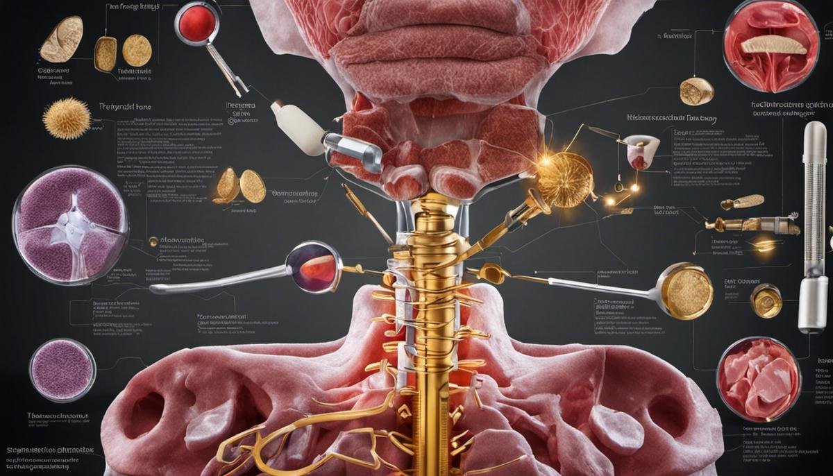 An image showing the thyroid gland and diagnostic tools used for thyroid disorders