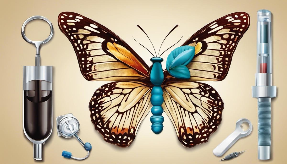 Illustration showing a butterfly-shaped thyroid gland and medical tools, representing thyroid disorders and treatment options.